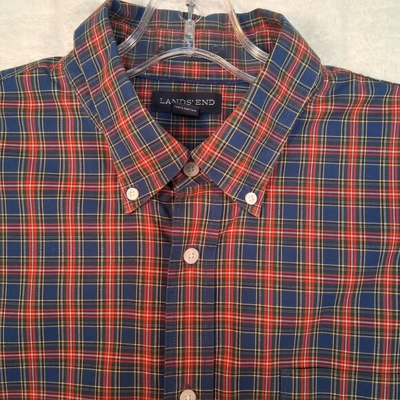 Lands Ends Button Down Shirt Plaid Twill Sz Large 16 - 16 1/2 Blue Red - Picture 3 of 5